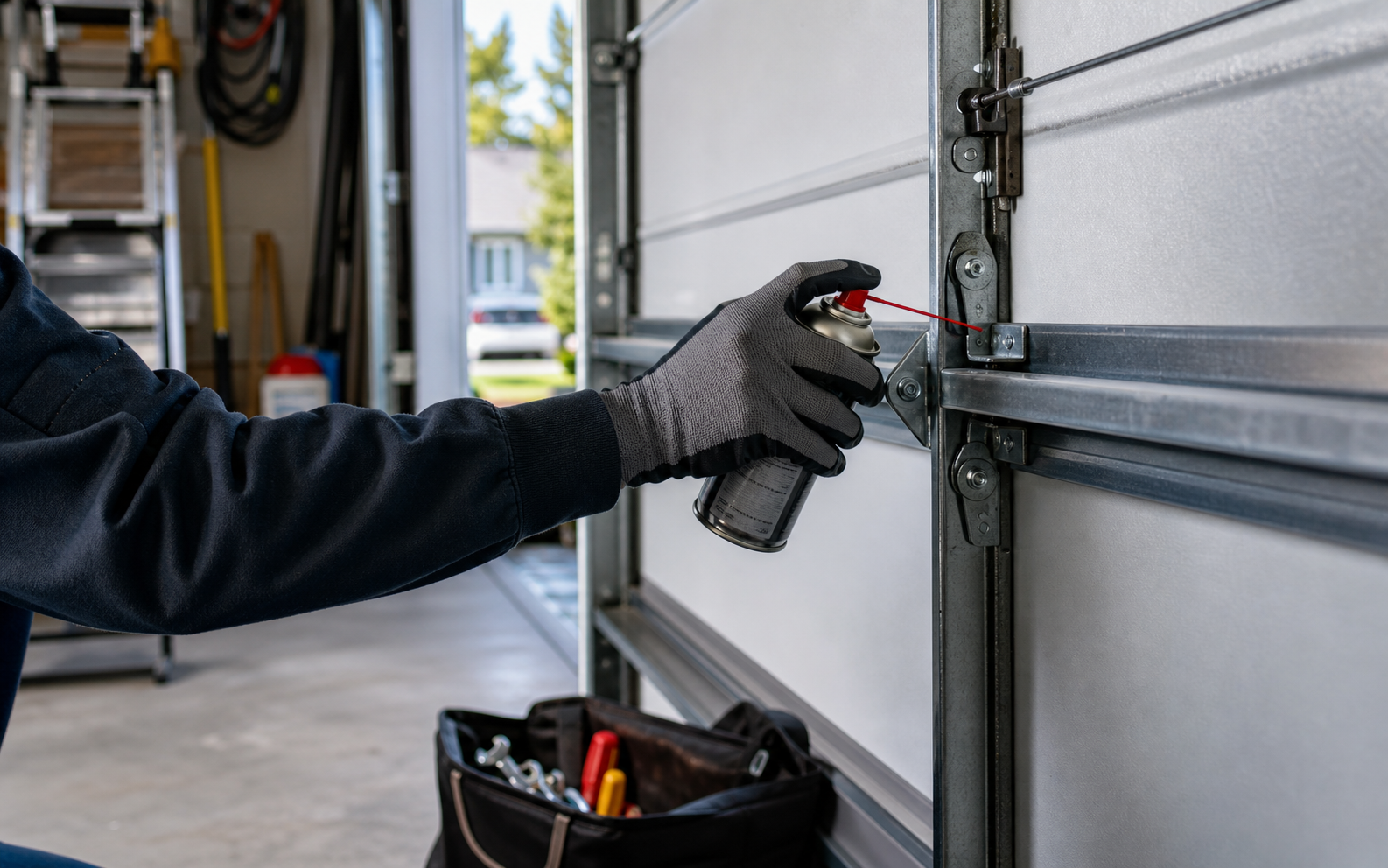 Garage door rollers, hinges, and track during a safety tune-up in Winnipeg