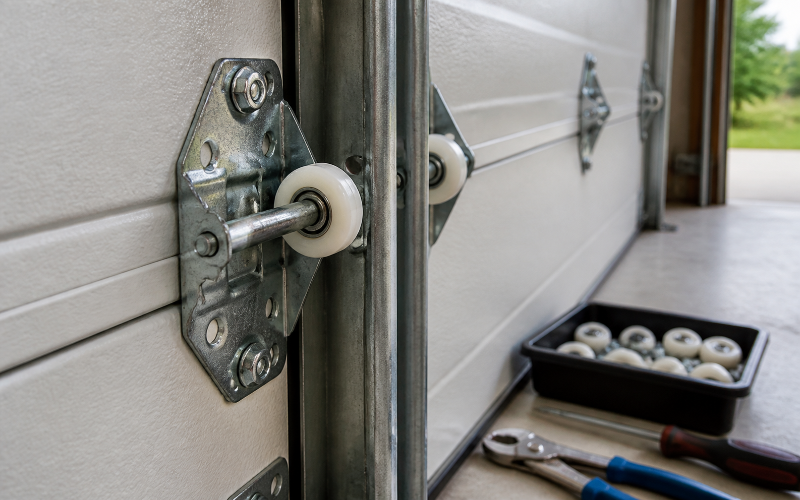 Nylon garage door rollers and hinges for quiet roller upgrades in Winnipeg